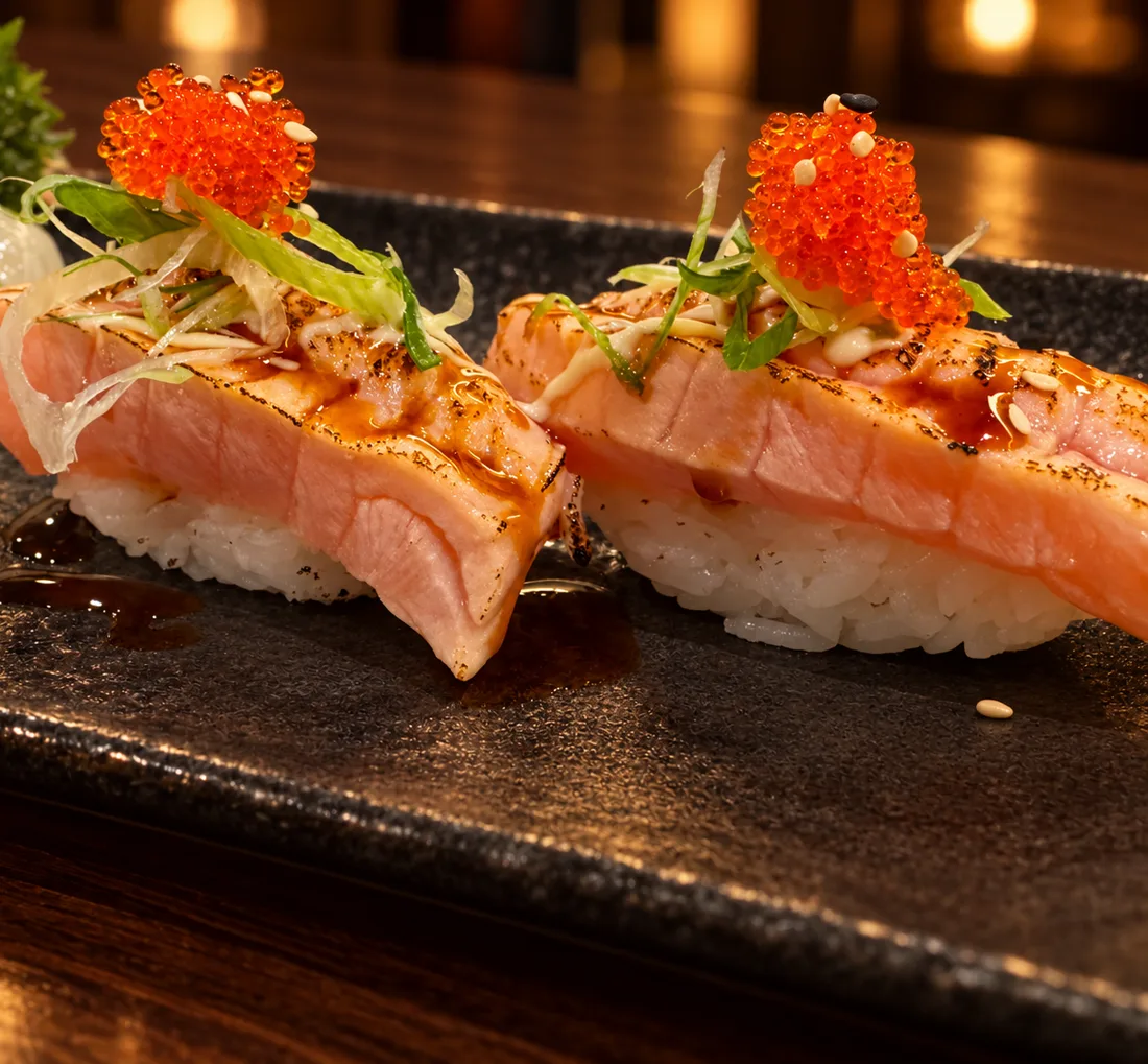 Flambierte Lachs-Nigiri mit Rogen auf einer schwarzen Platte