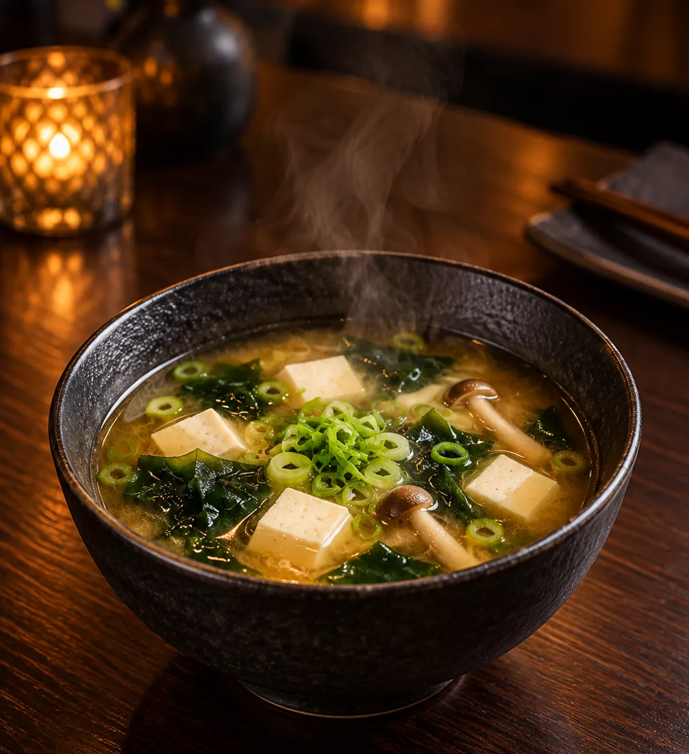 Misosuppe mit Tofu, Wakame und Frühlingszwiebeln in einer dunklen Schale