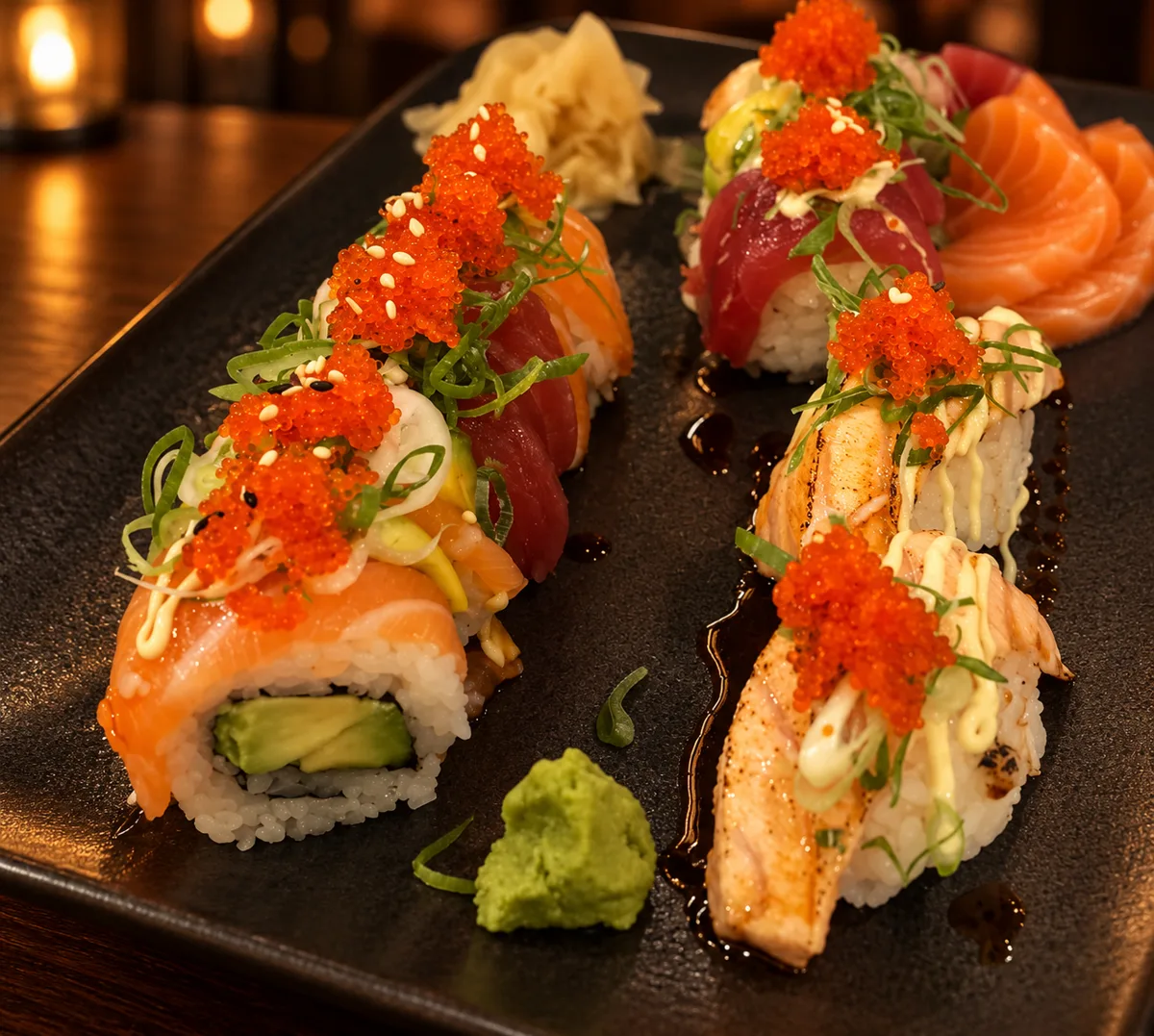 Rolle und Nigiri mit Lachs, Thunfisch und Rogen auf einer schwarzen Platte