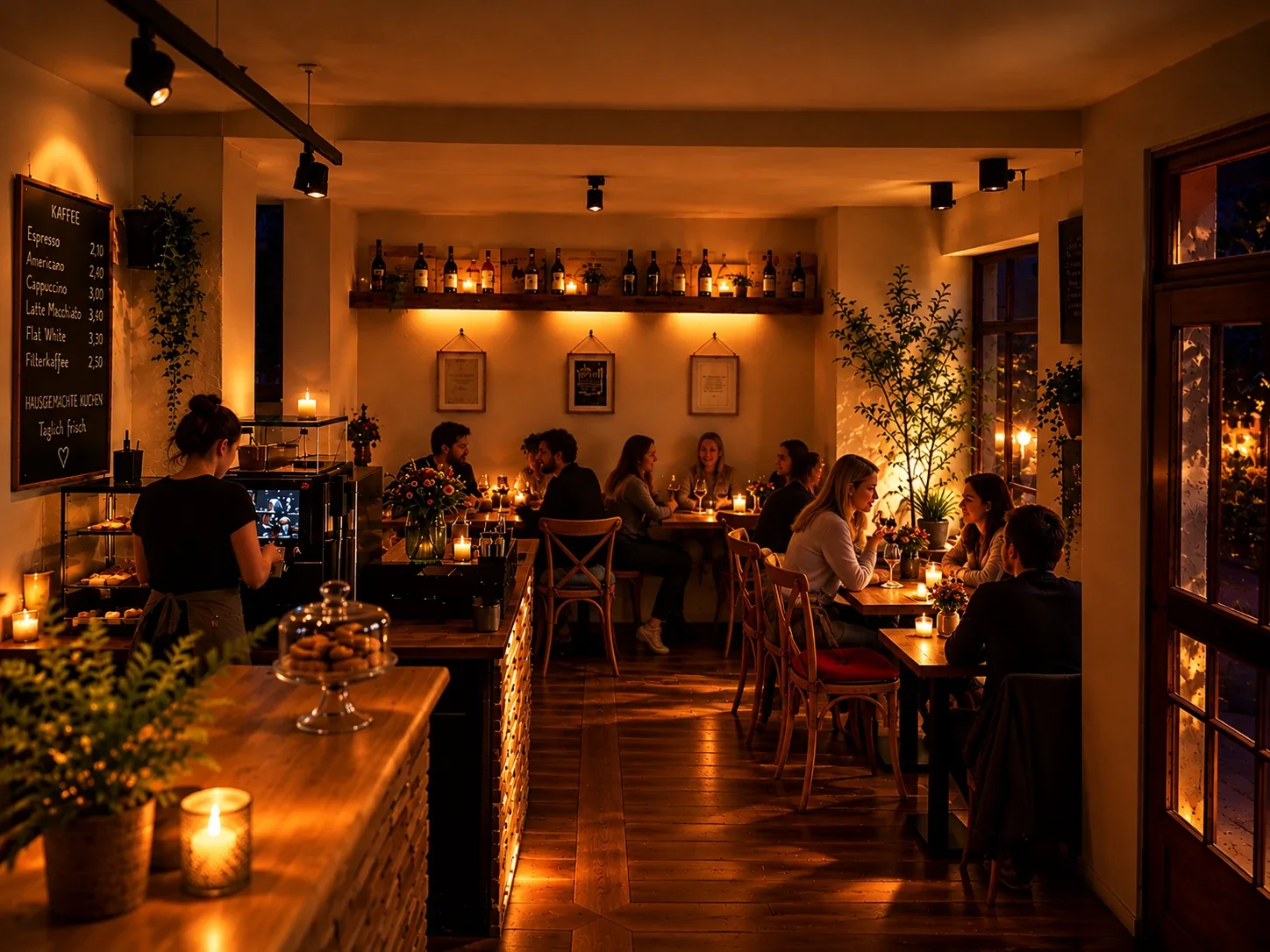 Der Gastraum der Gaston Brasserie am Abend bei Kerzenlicht, Gäste an den Tischen