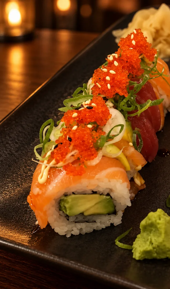 Rolle mit Lachs, Avocado und Rogen auf einer schwarzen Platte